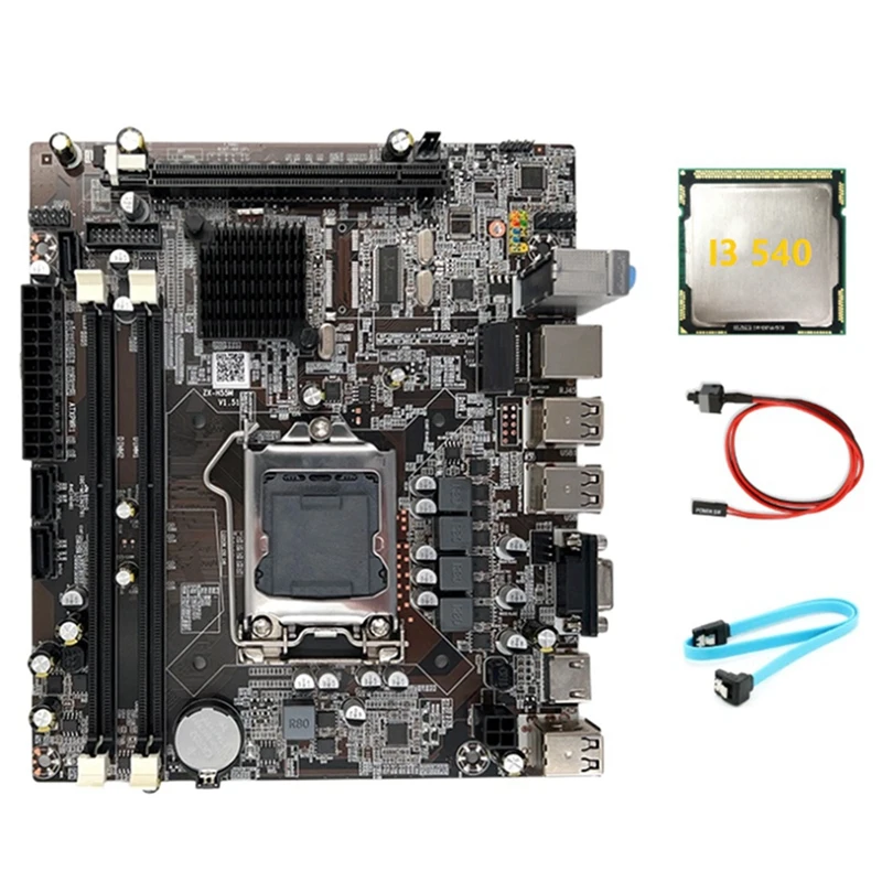 H55 placa-mãe lga1156 suporta i3 530 i5 760 série cpu memória ddr3 placa-mãe + i3 540 cpu + cabo sata + cabo de interruptor
