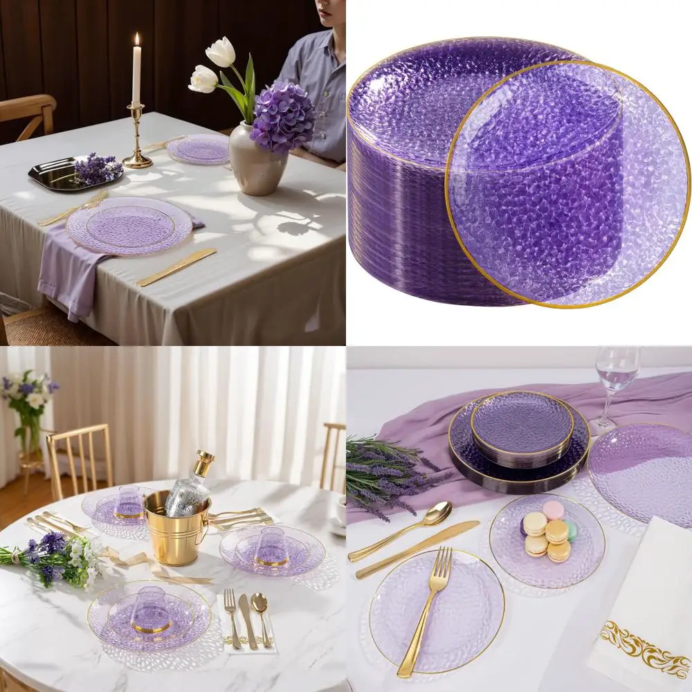 

10 Inch Purple Gold Hammered Pattern Disposable Dinner Plates - Heavy Duty for Weddings and Parties (100 Pack)