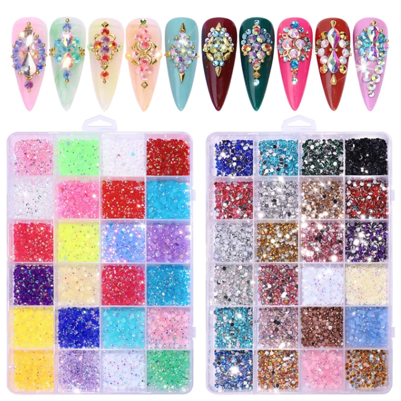 3500 pièces/boîte ongles résine colorée diamant strass 24 grilles bricolage perceuse fluorescente décorations d'ongles Salon de manucure bijoux accessoires