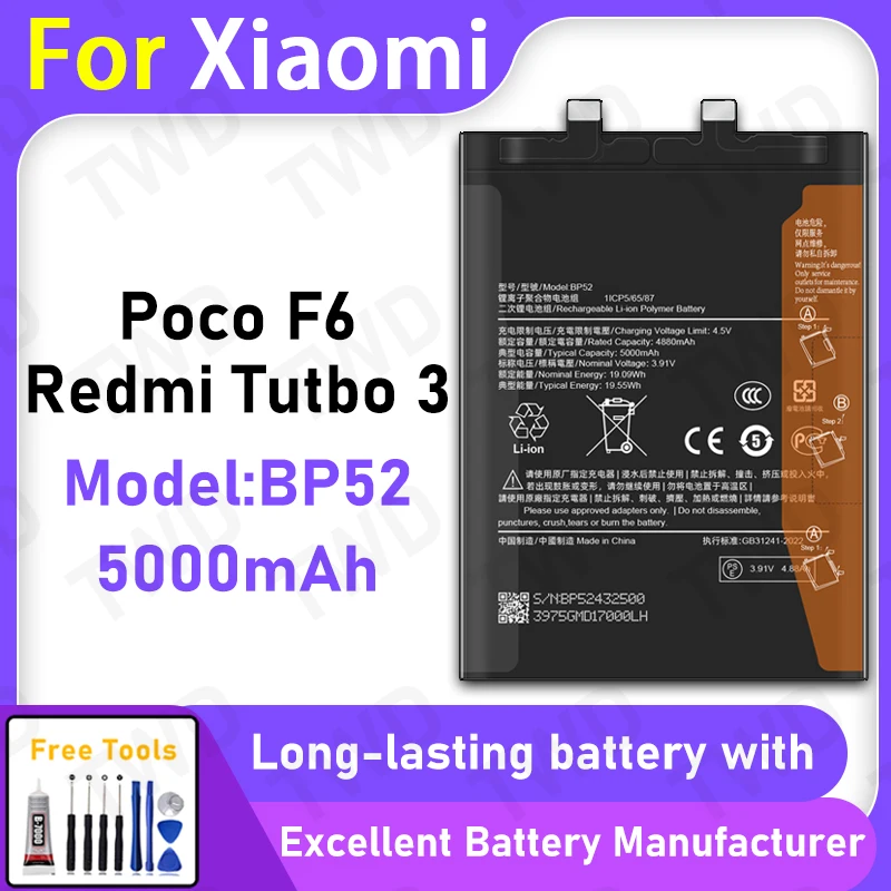 

100% New 5000mAh BP52 Battery For Xiaomi Poco F6/Redmi Tutbo 3 Replacement Bateria+Free Tools
