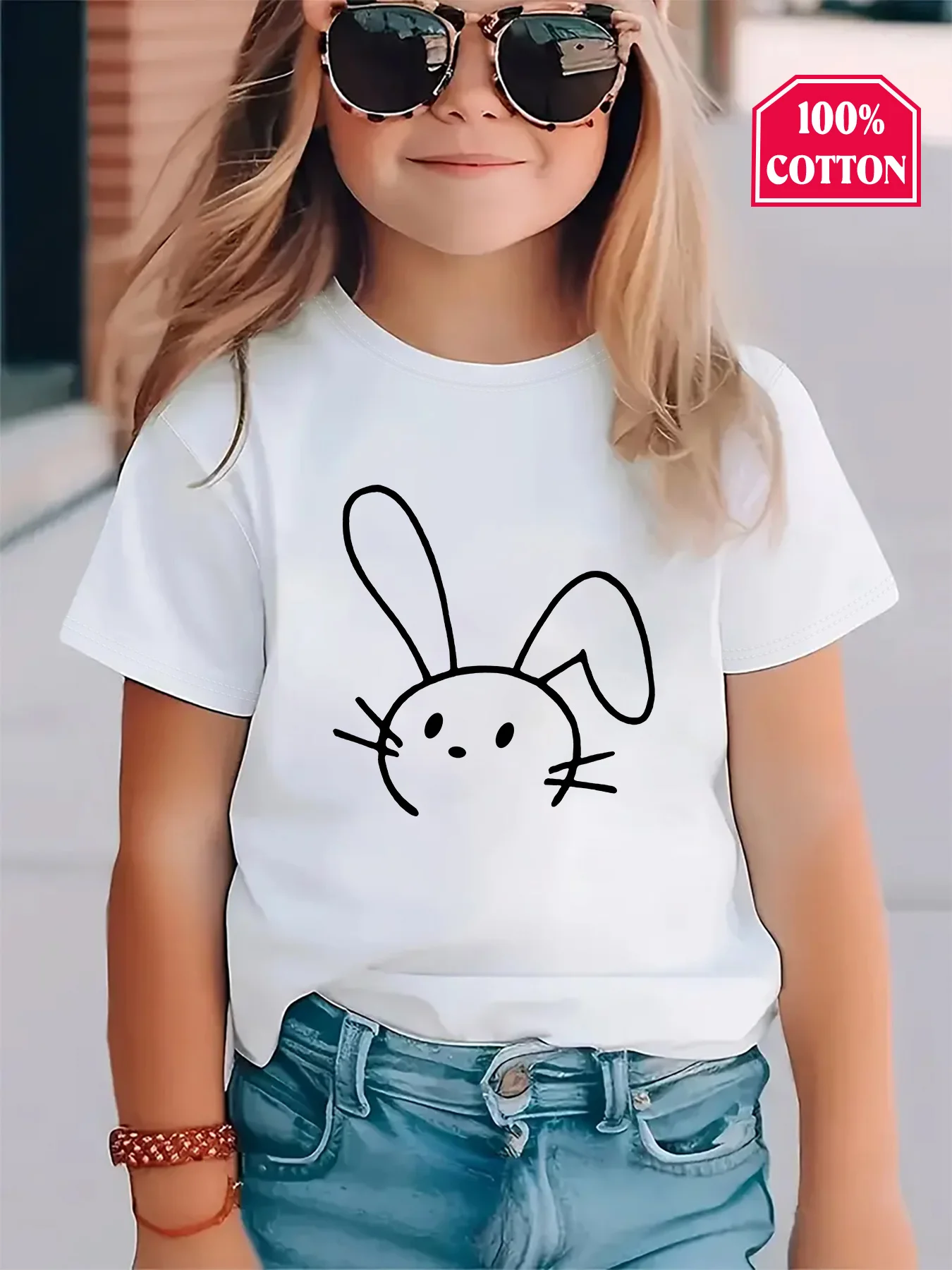 Minimalist Line Drawing Cute Bunny Print Family Matching Cotton Tees Short Sleeve Tops For Mom Dad Boys Girls Daily Wear