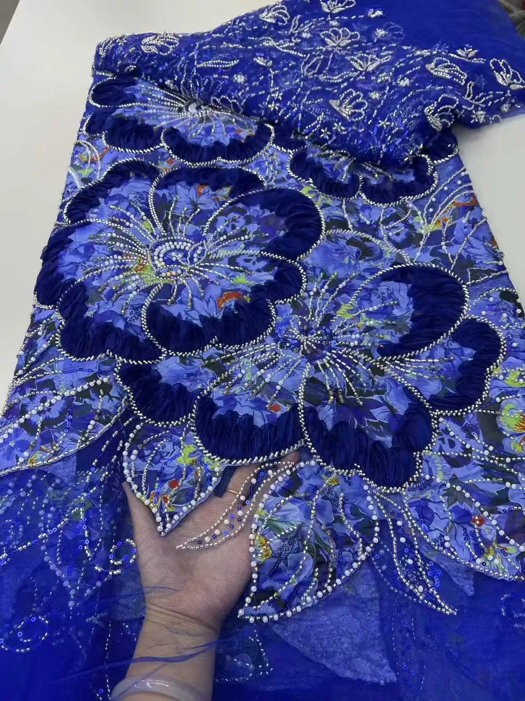 Latest 2025 French 3D Sheer Beaded Fabric African Nigerian Chiffon Sequins Lace Fabric Women's Wedding Dress Material 5 Yards