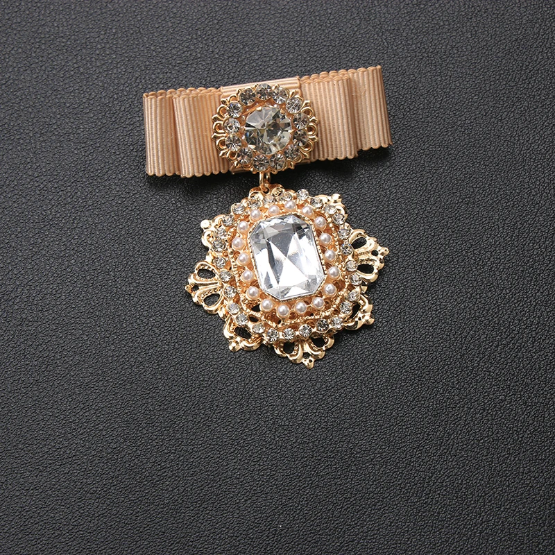 Vintage Ribbon Bow Dangle Brooch, Large Crystal Pearl Hollow Metal Brooch Pin, Suit Dress Victorian Jewelry
