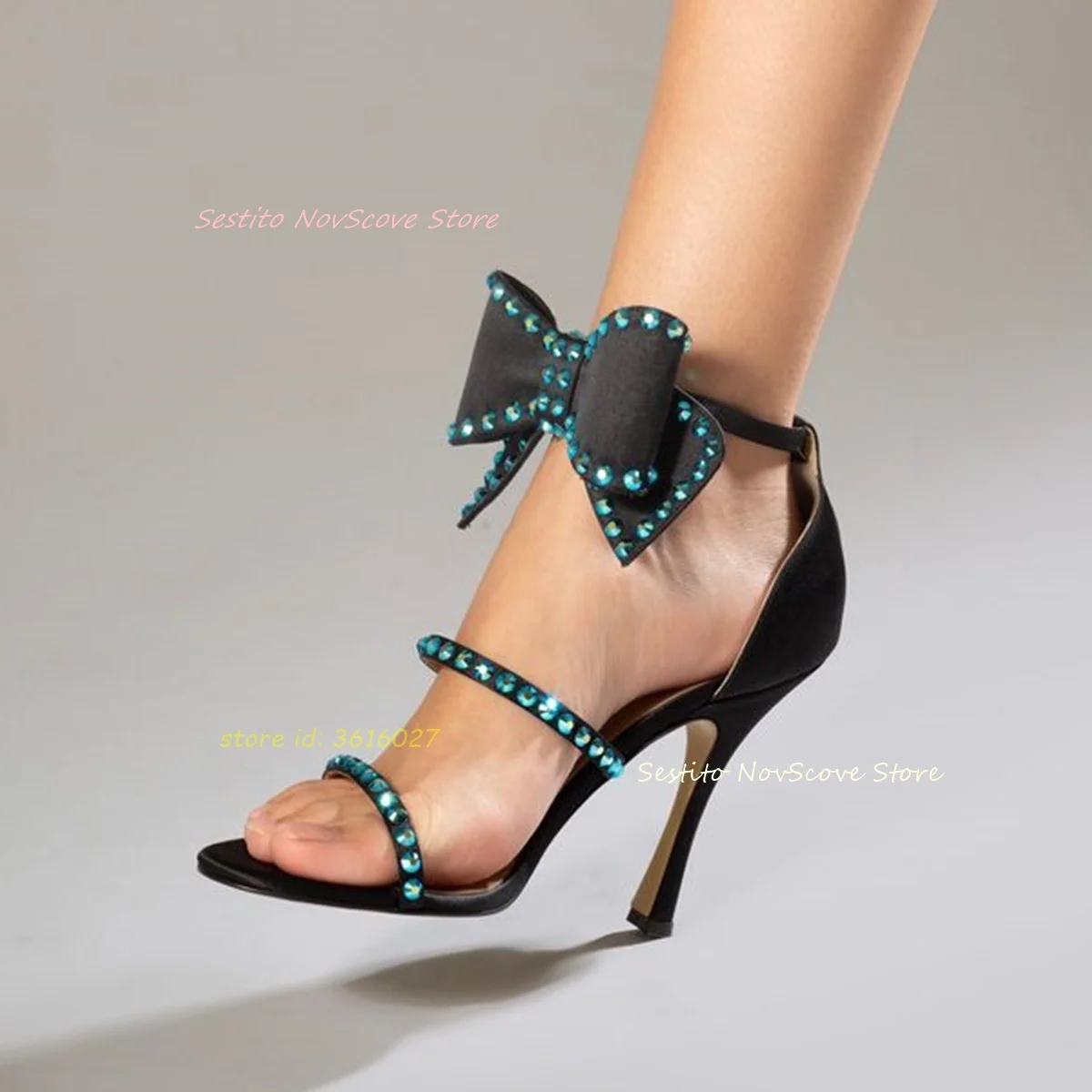 

Open Toe Rhinestone Straps Sandals Ankle Bow Decor Cover Heel Stiletto Shallow Sandals Sexy Women Dress Party Single Shoes