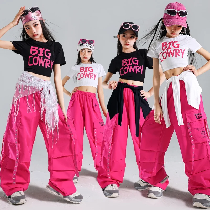 

Trendy Street Dance Costumes Kids Kpop Hip Hop Set Performance Outfit Black Crop Top Pink Shuffle Pants Jazz Dance Clothing 1949
