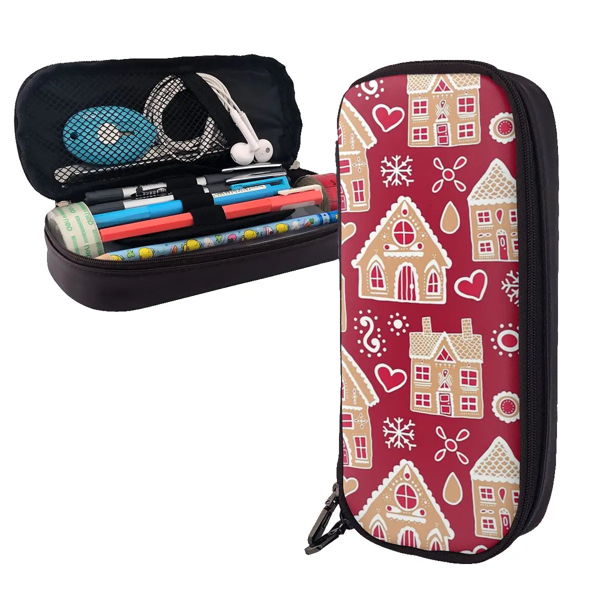 Christmas Gingerbread House Leather Pencil Cases Pencil Pouch Stationery Supplies Big Capacity Pen Box Pencil Bag for Boy Girl