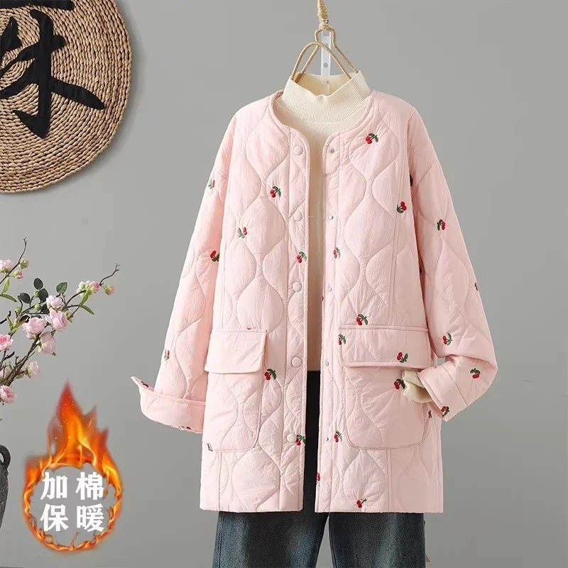 

Warm Short Padded Jacket for Women, Cotton Winter Coat for Mom, Light Pink Outerwear for Middle Age w1861