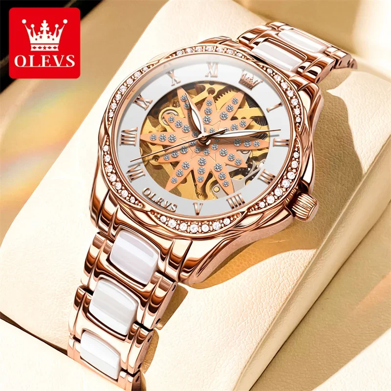 Olevs luxury ceramic mechanical watch women waterproof fashion skeleton watches women automatic wristwatches