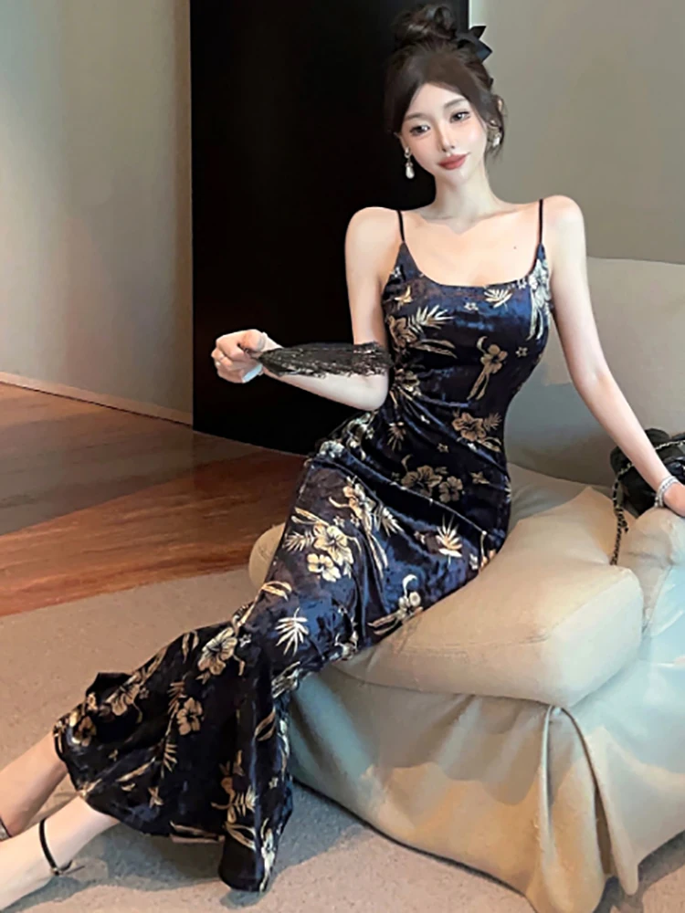 الربيع الصيف الأسود الأزهار الساتان الفاخرة حبال فستان طويل المرأة الكورية خمر هيبورن حفلة موسيقية الملابس 2025 أنيقة Bodycon Vestidos #4