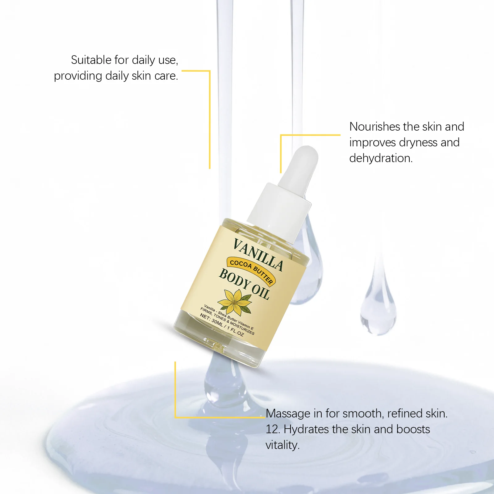Vanilla Body Massage Oil Moisturizing Muscle Relaxing Softening Stress Relief Smoothing Nourishing Brightening Soothing Body Oil