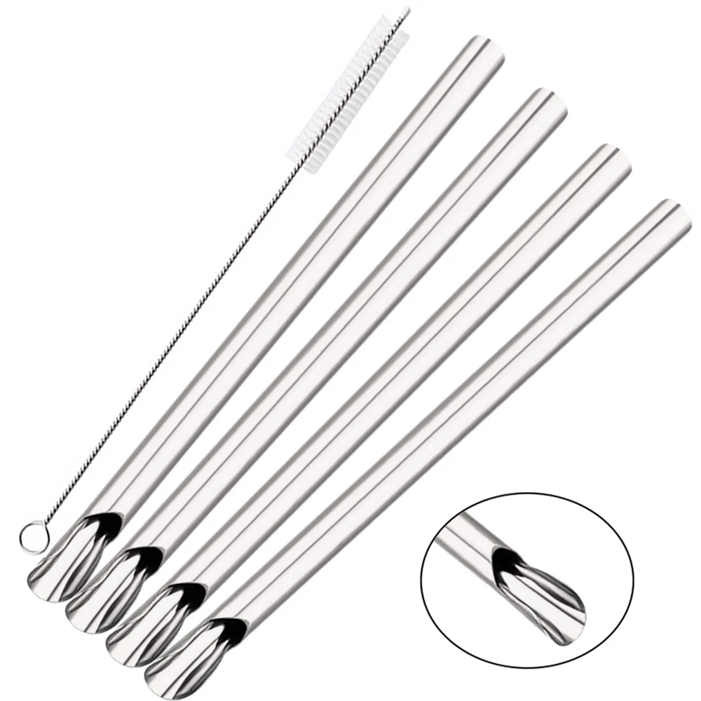 5Pcs Reusable Straw Pearl Milkshake Stainless Steel Bubble Tea Straw with Brush Set Stirring Smoothie Spoon Shaped Straw