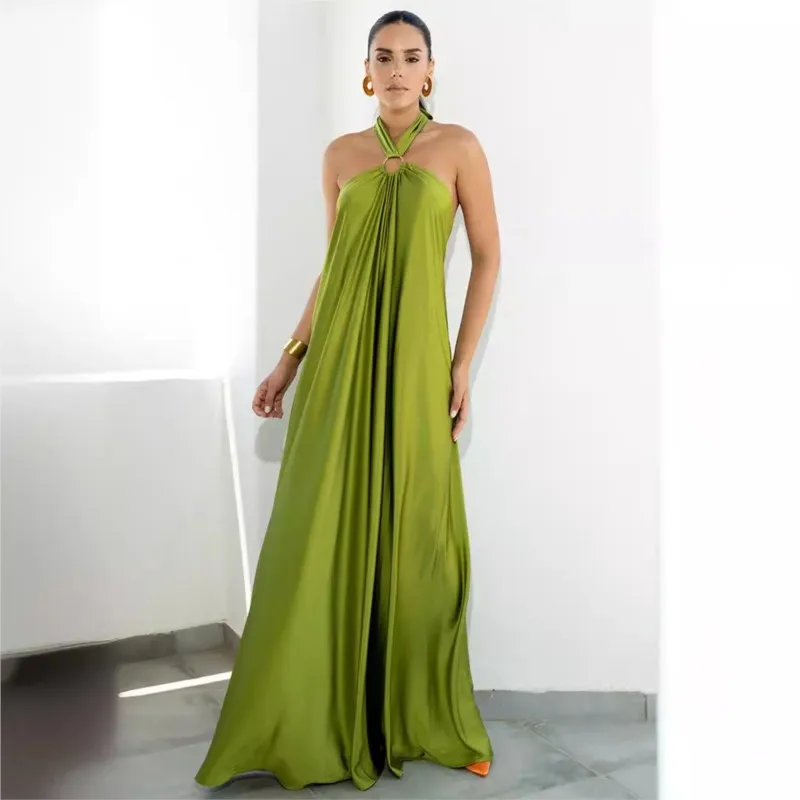 Summer Women's Sexy Neckband Fashion Lace Long Dress Y2k  Vestidos Women Dinner Party Beach Vacation Green Maxi Dresses Robe New