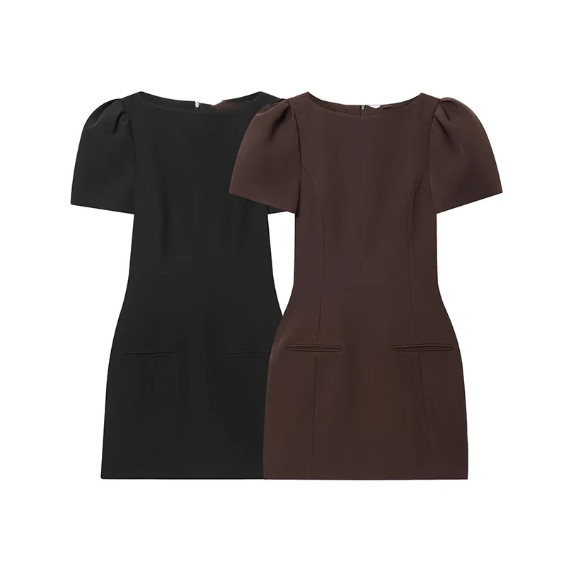 TFMLN Elegante dames mini-jurk met korte mouwen, slim fit, hoge taille, effen jurken met korte mouwen, eenvoudige bodycon-forensjurk - afbeelding 2