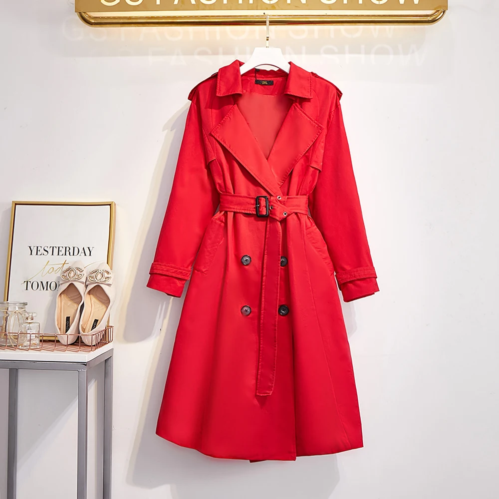 

Spring and autumn new plus-size women's casual loose belt waist waist Korean version trench coat red long-sleeved mid-long coat