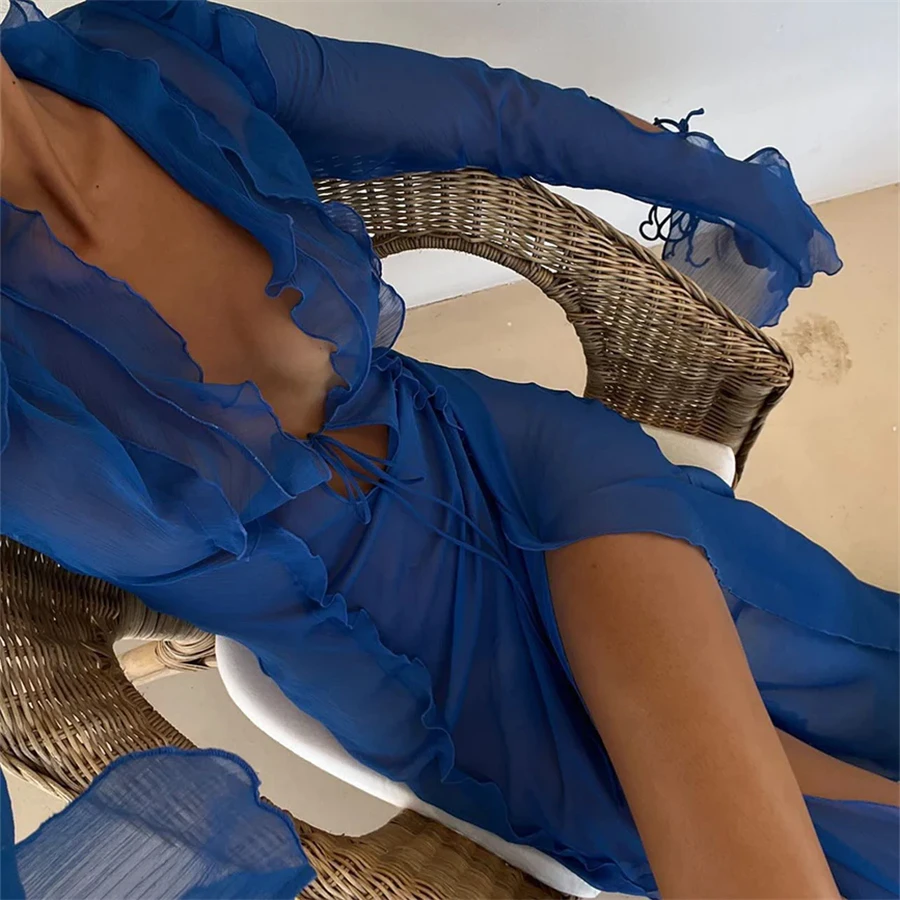 Robe de plage longue transparente à volants en maille, col en V, à nouer, Sexy, manches longues, ourlet haut, Cover-Up pour Bikini, été, 2023