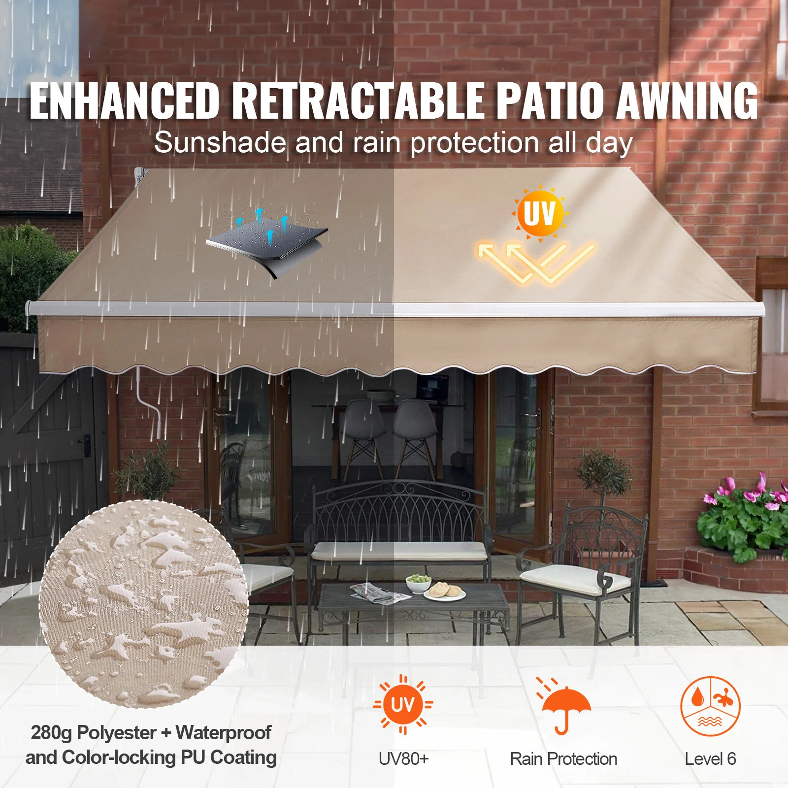 SucceBuy Manual Retractable Awning Outdoor  Awning Retractable Sun Shade Water-Resistant Polyester Patio Window for Backyard