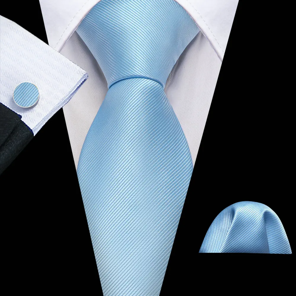 Light Blue Silk Tie For Men 2023 Newest Solid Pocket Square Cufflinks Woven Suit Necktie Sets Wedding Party Gift Barry.Wang 6481