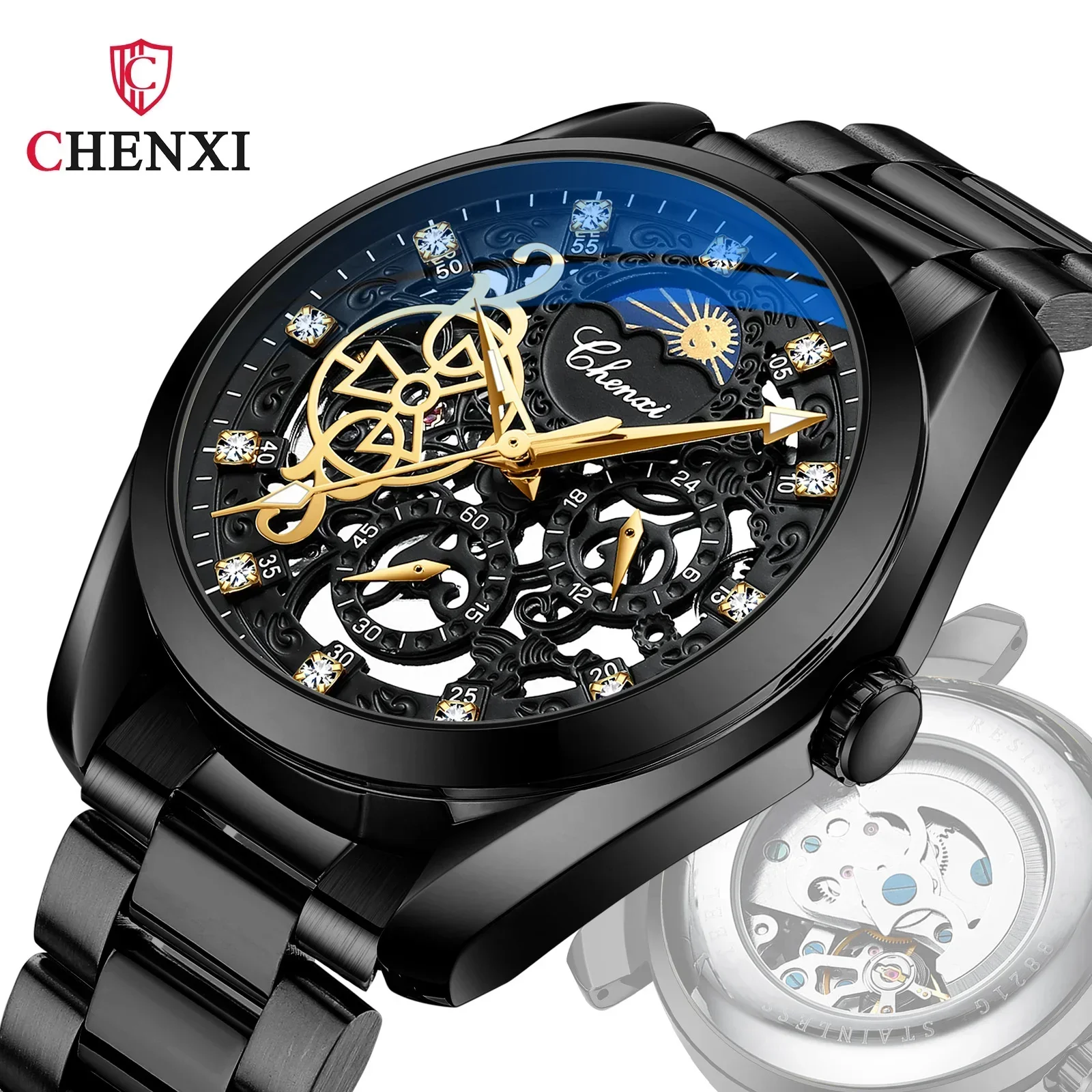 CHENXI 8811 Men's Waterproof Luminous Diamond Inlaid Full-automatic Hollow Mechanical Watch Wholesale