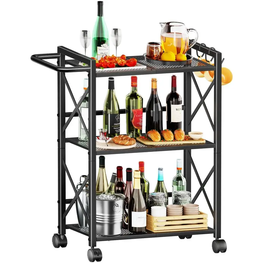 

Rolling Cart, 3 Tier Bar Cart with Wheels, Heavy Duty Metal Storage Dining Cart for Kitchen, Black