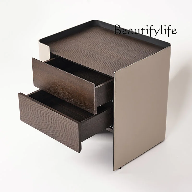 

Italian minimalist bedside table saddle leather modern light luxury solid wood designer bedside table