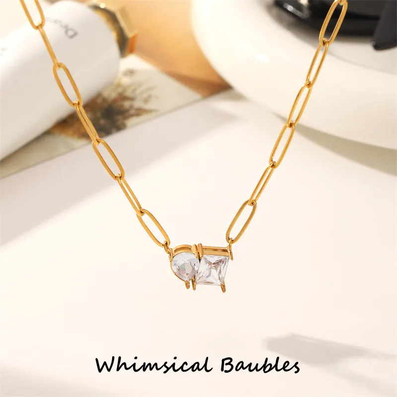 

New 18K Gold Plated Water Drop Square Diamond Jewelry Necklace Delicate Stainless Steel Paper Clip Necklace