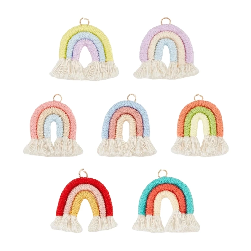 Weaving Macrames Rainbow Charm Set of 7 Tassels Hanging Decors with Top Rings, Colorful Pendant for DIY Jewelry Making, Keychain