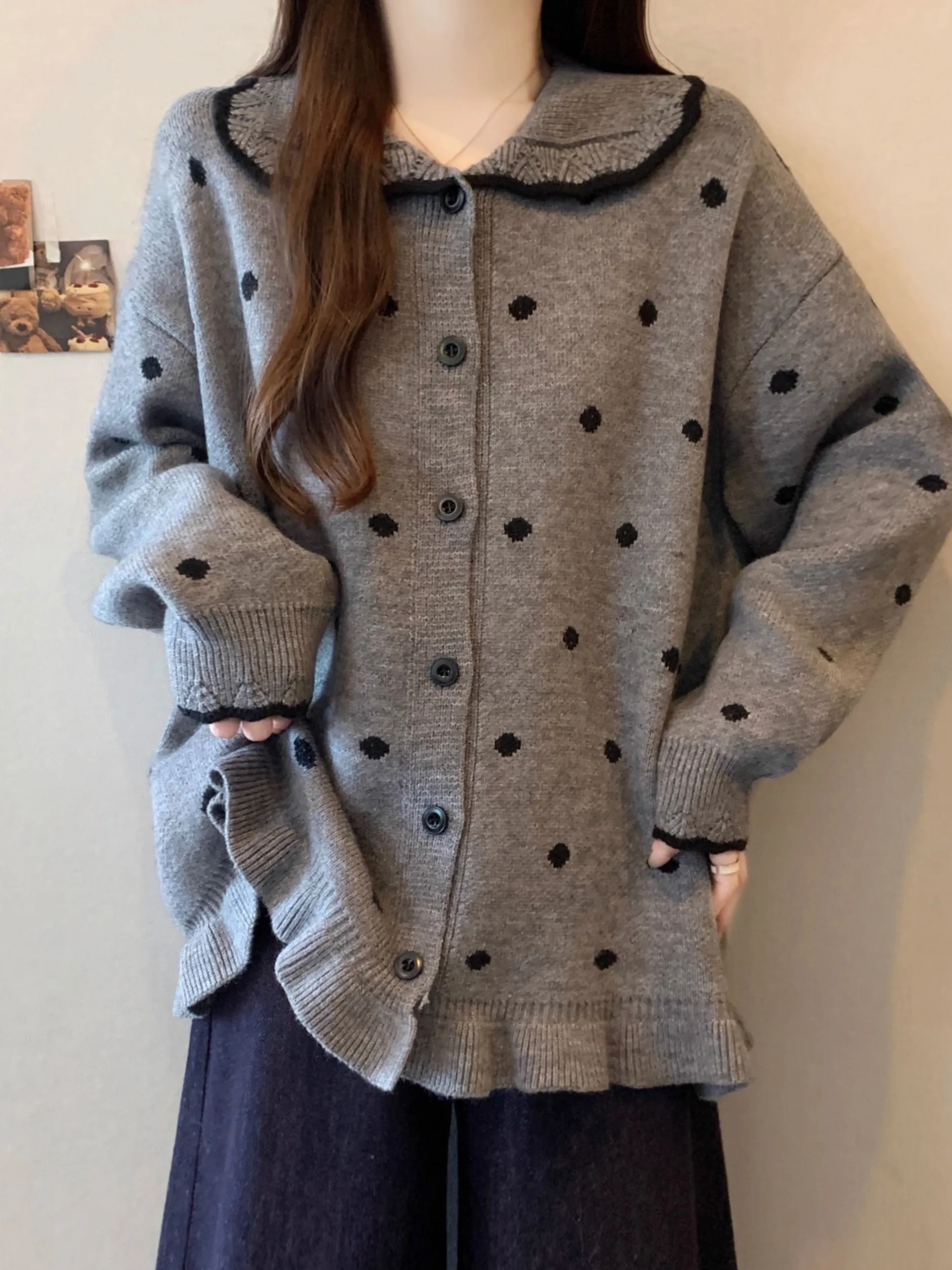 

Ay Вязаный свитер в горошек Long Sve, женский осенне-зимний кардиган больших размеров средней длины, антивозрастной открытый кардиган