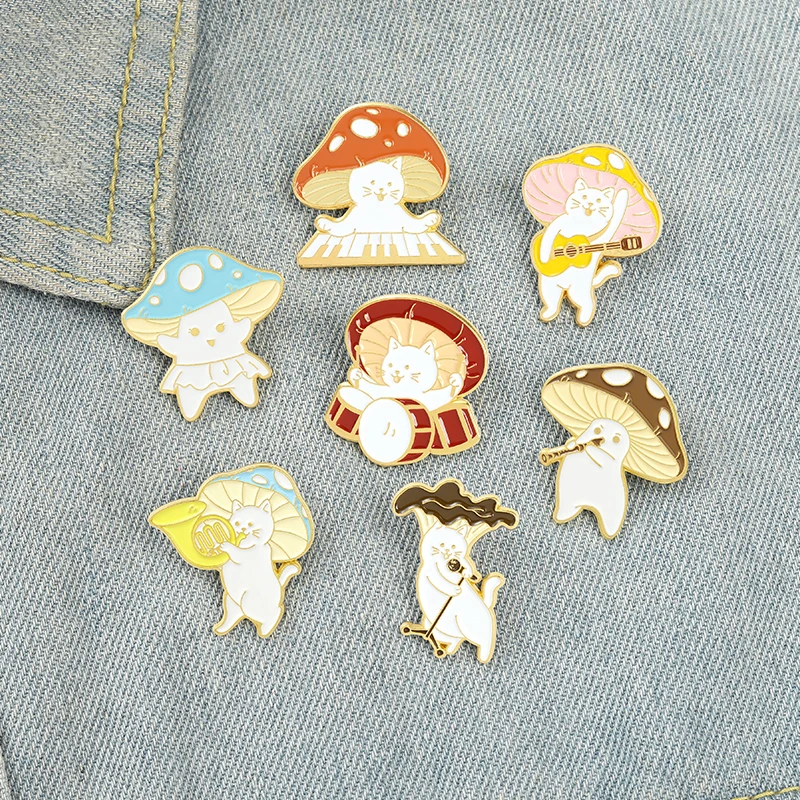 

10 PCS / LOT Mushroom Band Enamel Pins Custom Piano Guitar Saxophone Drum Brooch Lapel Badge Bag Funny Jewelry