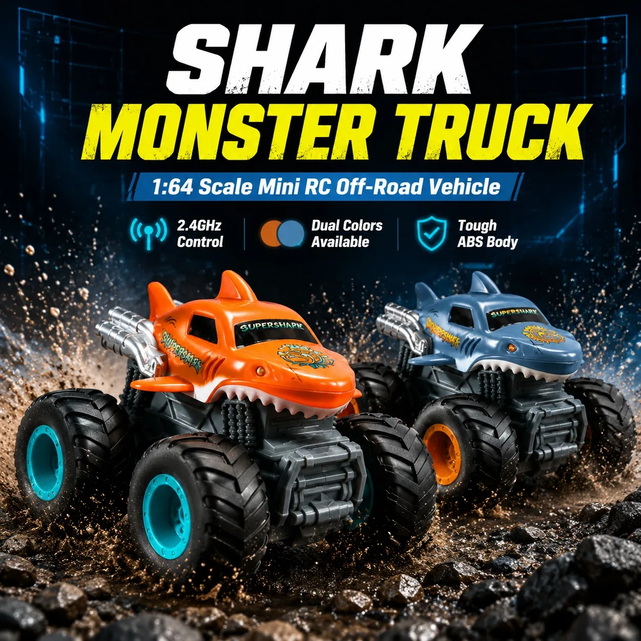 1:64 Mini Shark RC Monster Truck 2.4GHz Remote Control Car LED Light Off-Road Vehicle Rechargeable Toy For Kids