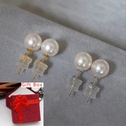 18k Solid Gold Aaaa++++ 7-8mm 8-9mm 9-10mm 10-11mm Perfect Nice Round Real White Seawater Pearl Stud S925 Earrings