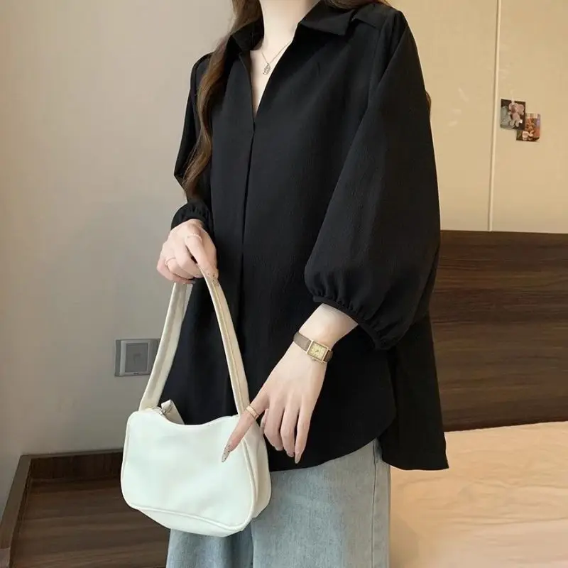 Women Summer Simplicity Fashion Loose Solid Color Turn-down Collar 3/4 Sleeve Shirts Women Clothes Casual All-match Elegant Tops