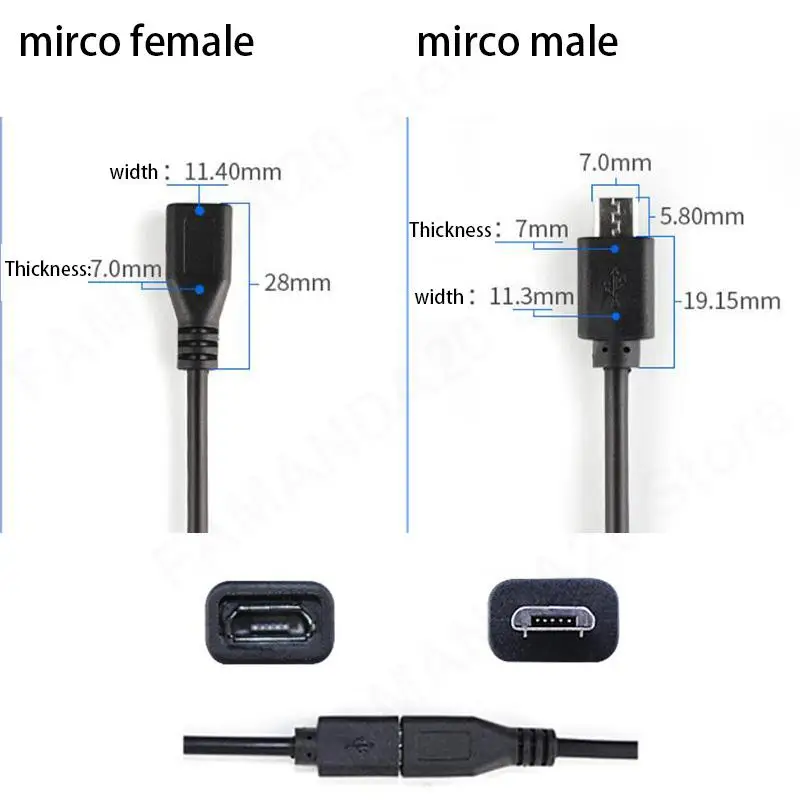 0.3m 1m Micro USB 2.0 A Male Female Jack Cable 4 Pin 2 Pin Core Wire Data Charge Power Extension Cord Connector DIY M20