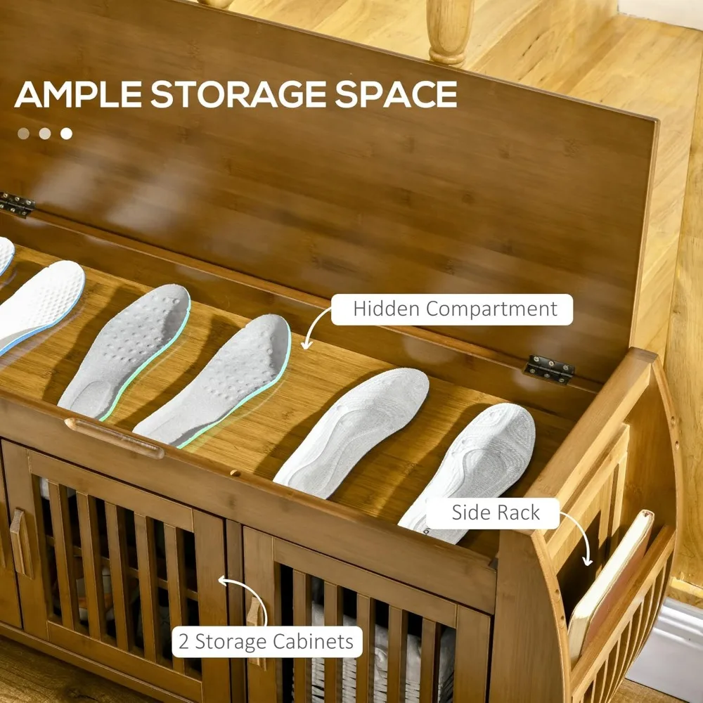 مقعد تخزين الأحذية من الخيزران مع وسادة، وخزانة ذات 3 أبواب، ورف جانبي، وحجرة مخفية للمدخل