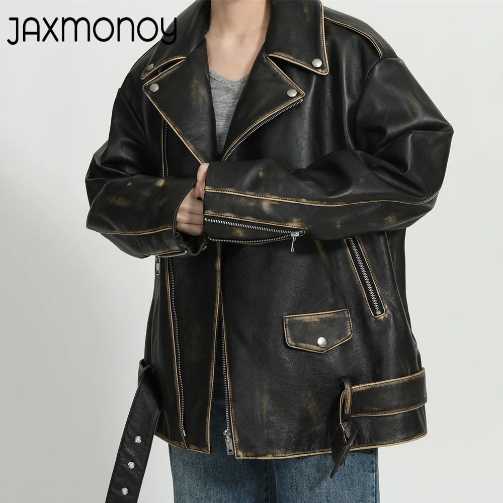 Jaxmonoy Women's Real Leather Jacket Ladies Spring Loose Genuine Leather Coat 2024 New Arrival Autumn Vintage Leather Overcoat