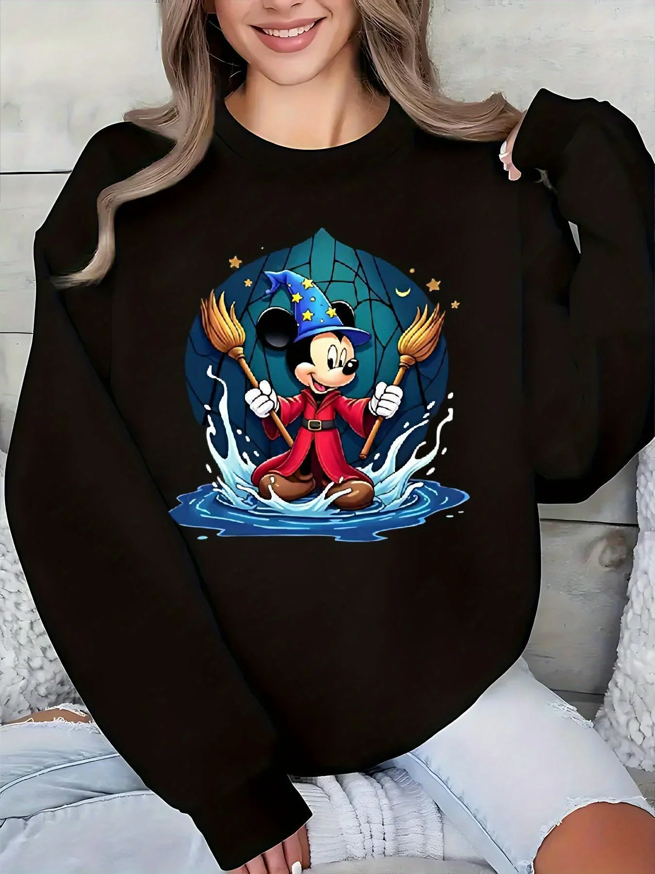 

Женский пуловер с Микки Маусом Диснея, модный уличный свитер большого размера, унисекс, свитер с круглым вырезом, осень-зима, флисовый повседневный свитер