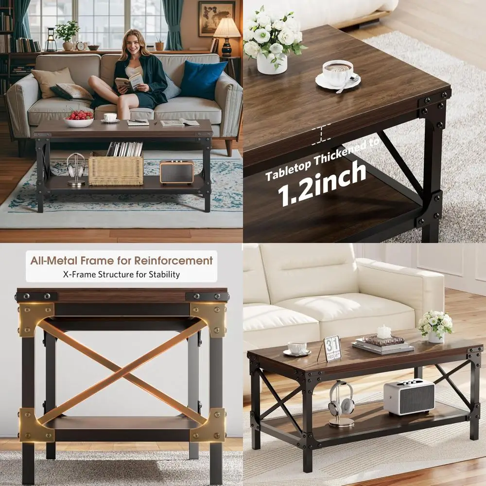 

Walnut 40 Long 2-Tier Modern Rectangular Coffee Table with Thickened Top and Metal Frame