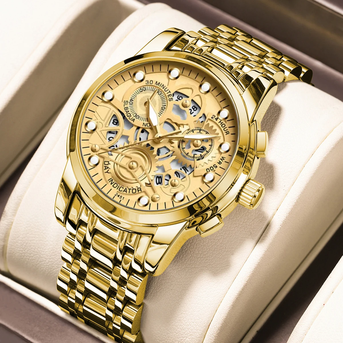 Sports Men's Watch Fashionable Stainless Steel Strap Fashionable Hollow Dial Golden Business Style Original Quartz Watch for Men