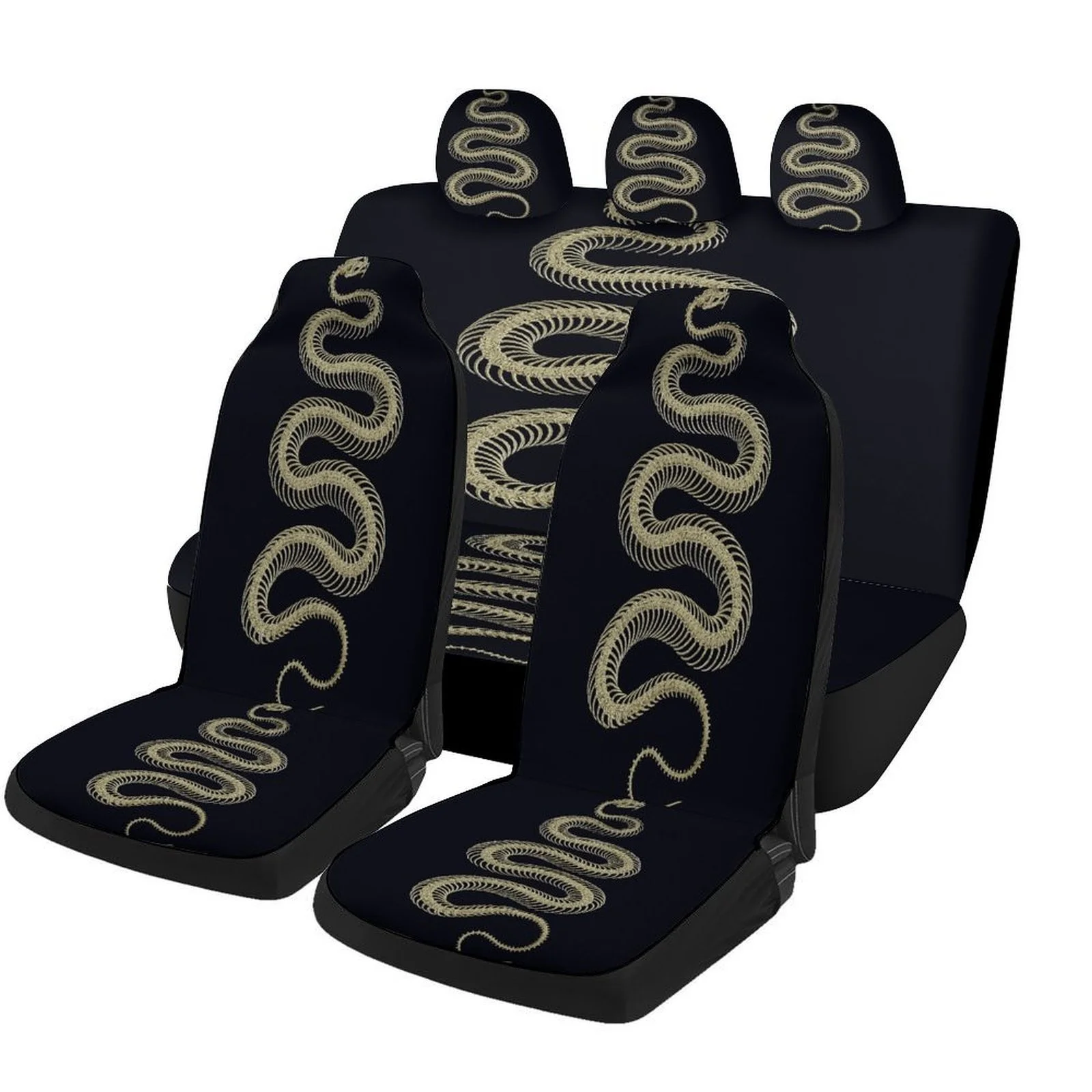 Snake Skeleton Design Car Seat Cover Set - Stylish & Golden Snake Pattern, High-Quality Fabric, Full Coverage For 2 Front & Rear