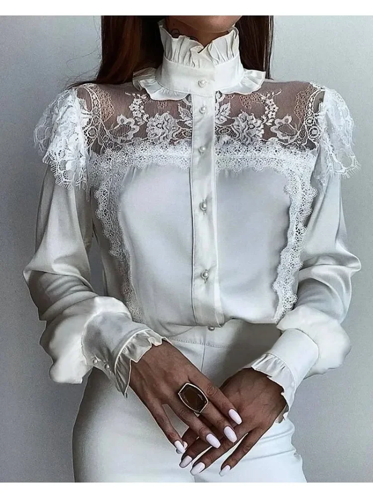 Spring Women Solid Lace Decoration Fungus Hem Mesh Button Long Lantern Sleeves Stand Collar Sweet White Blouses Lady Tops