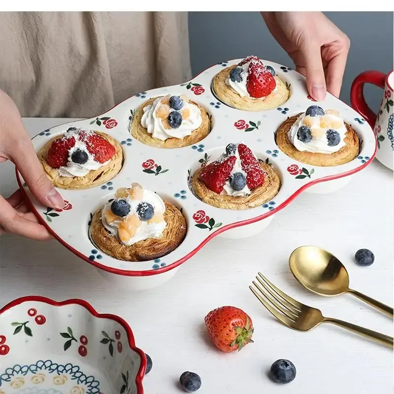 100ml Ceramic Cake Cherry Six Grid Tray Mold Household Oven Bread Baking Tools Simple Hand-painted Pattern