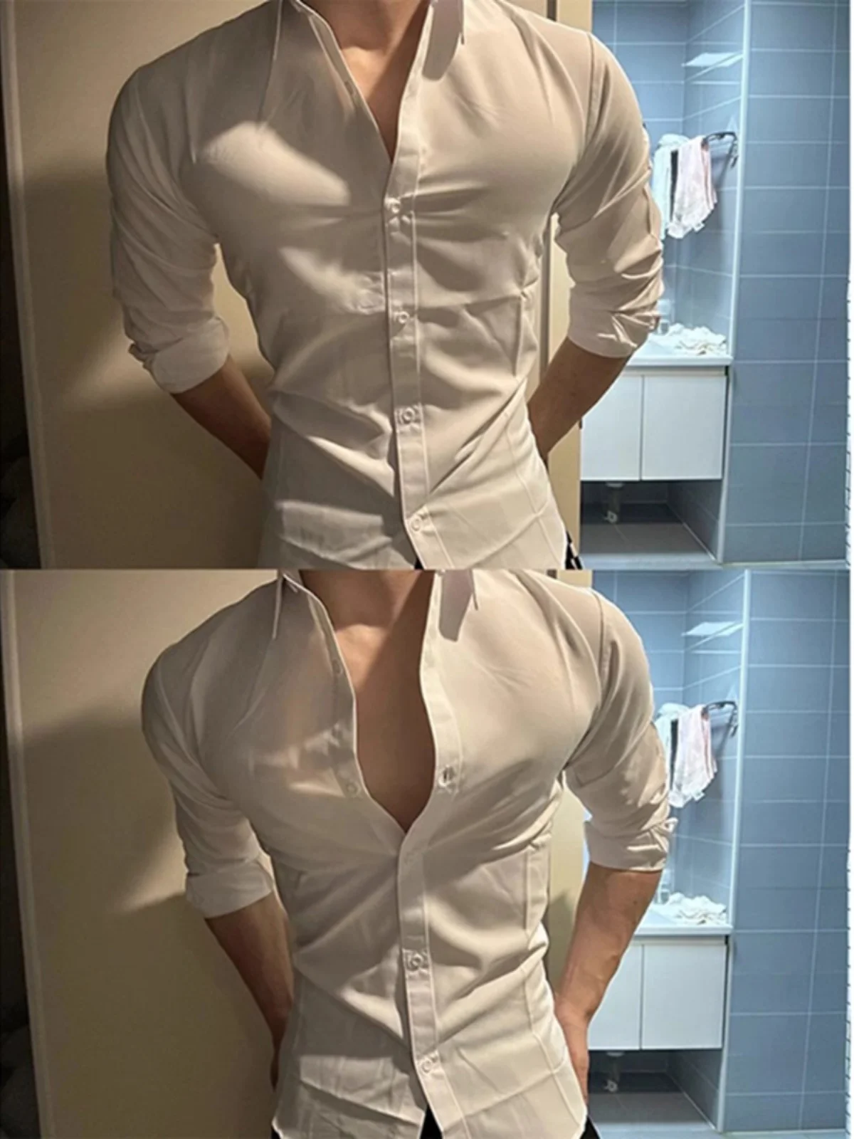 

White Slim Fit Men's irt Long Sve Inner Wear Model DK orm Gentleman's Suit Youth Trend Polyester Fiber Spring Wear