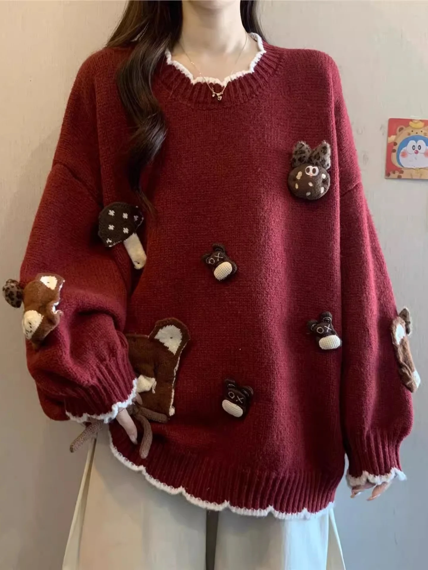 

Wine Red 3D Bear Long Sve Sweater Women's Loose Fit Autumn Winter Faionable Casual Knitwear round Ne Top for Younger Look
