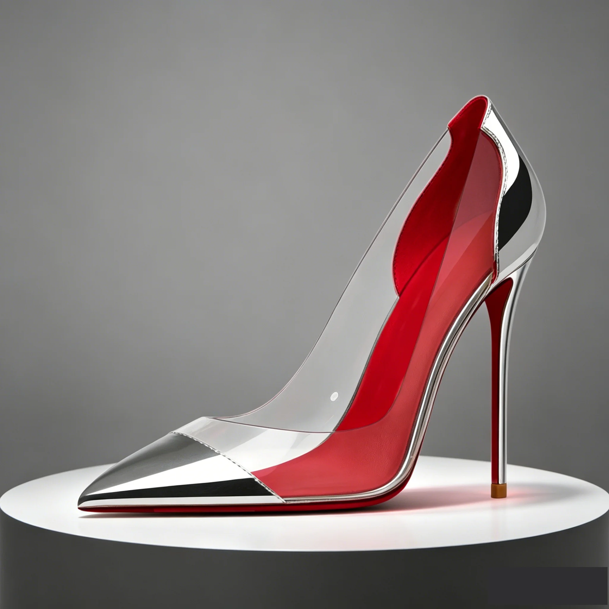 

2026New pointed 12cm stiletto heels, red sole high heels with PVC stitching, 13cm large-size party sexy transparent single shoes