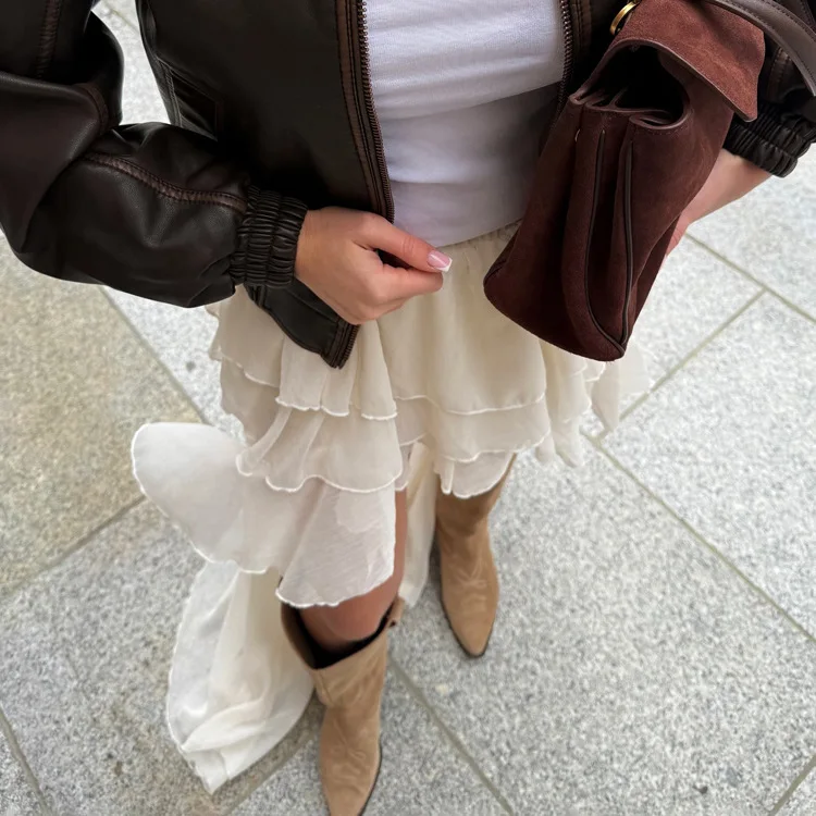 2026 التنانير فضفاضة المشمش غير رسمية للنساء موضة عالية الخصر مطوي التنانير أنيقة رقيقة الطابق طول تنورة الملابس النسائية