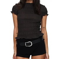 Tops de manga corta fruncidos para mujer, camisas con cuello redondo y volantes, estilo casual de verano para la calle