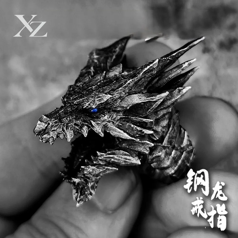 Premium Handmade Men's Monster Hunter Ring – Steel Dragon Silver Plated Moonstone, Agile Moving Design, High-End Accessories
