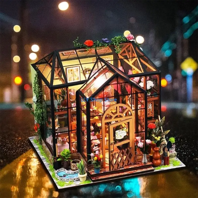 

T8UD DIY Miniature Building Kits Dollhouses with Furniture Led Lights Mini Green House Handmade Toy for Girls Gifts Idea