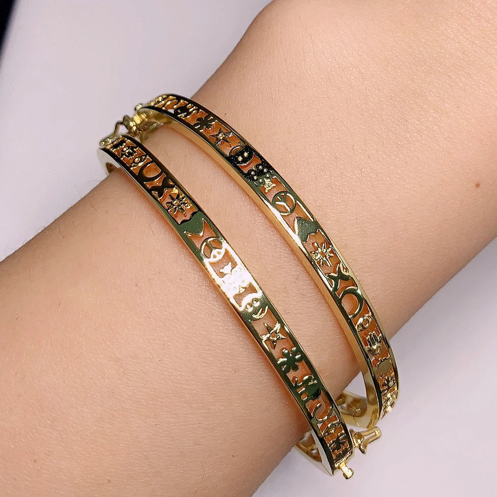 Geometric Gold Plated Bangle Women's Various Lucky Symbol Charm Party Jewelry High Polished Wedding Creative Design Jewelry