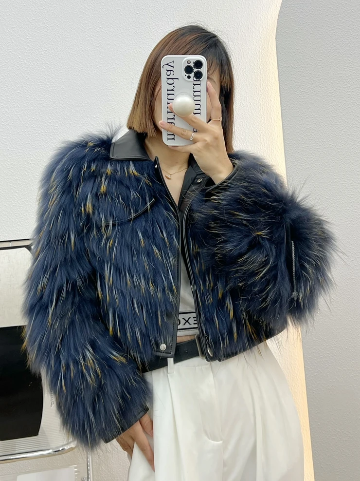 

2023 Hot SaleShort Women's Jacket Real Raccoon Fur Strips Coat Female Winter Overcoat Natural Fur Streetwear Genuine Sheepskin L