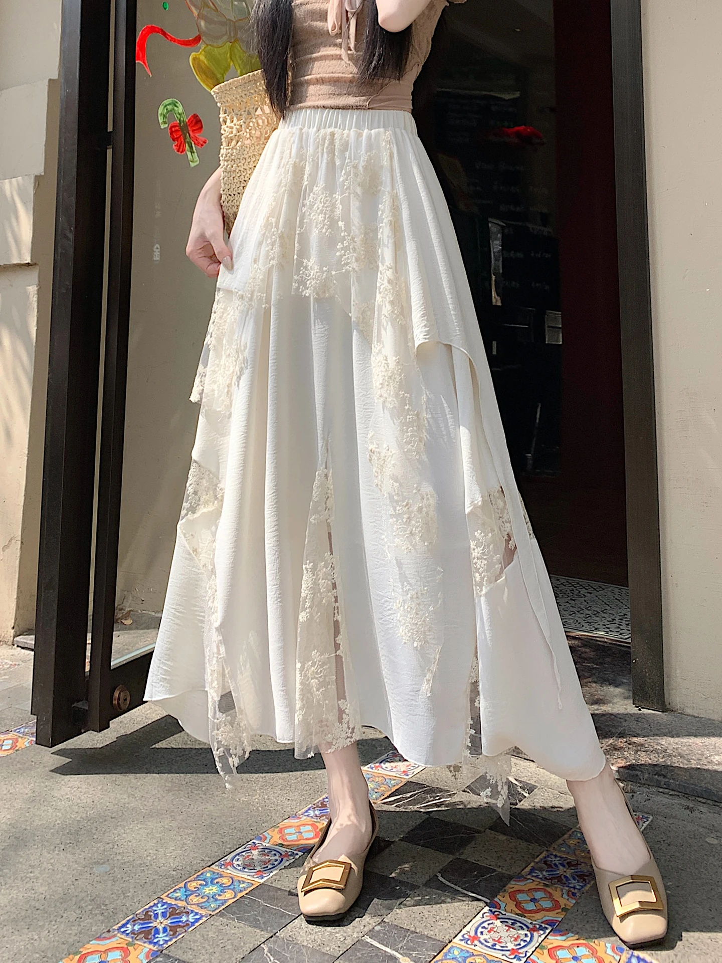 

Summer New Design Irregular Vintage A-Line Long Skirt Women's High Waist Breathable Skin-Friendly Embroidered Mesh Panel Skirt